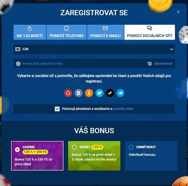 Registrace v Mostbet Casino přes sociální sítě