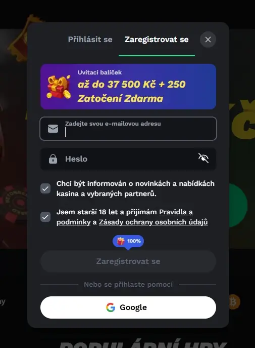 Registrační formulář do Betonred Casino